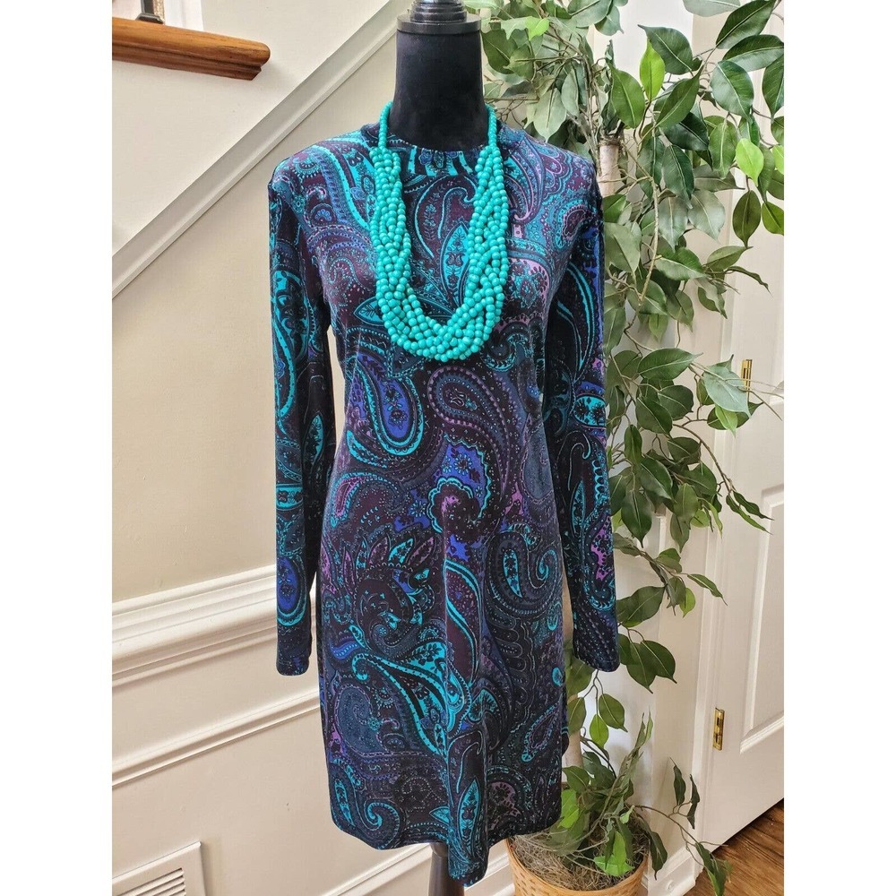 Tianab. Women Blue Paisley Polyester Round Neck Long Sleeve Knee Length Dress 10